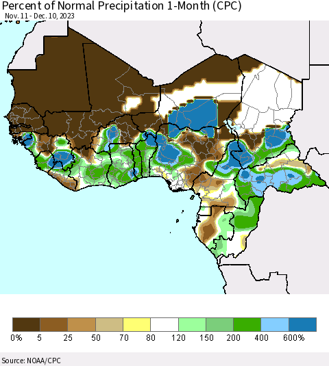 Western Africa Percent of Normal Precipitation 1-Month (CPC) Thematic Map For 11/11/2023 - 12/10/2023