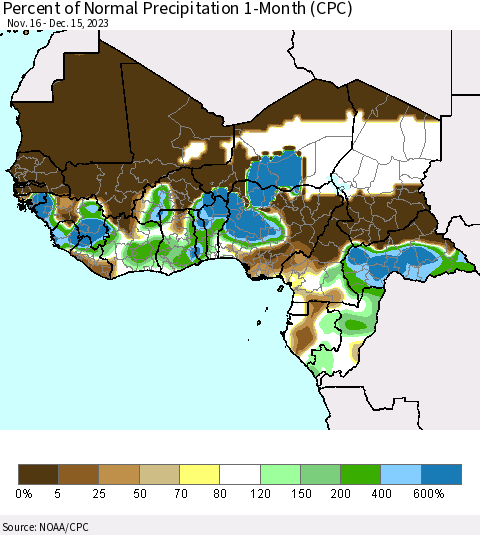 Western Africa Percent of Normal Precipitation 1-Month (CPC) Thematic Map For 11/16/2023 - 12/15/2023