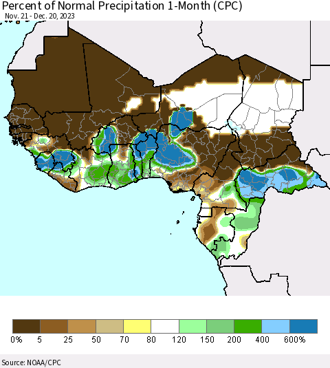 Western Africa Percent of Normal Precipitation 1-Month (CPC) Thematic Map For 11/21/2023 - 12/20/2023