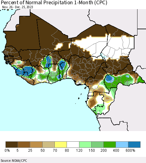 Western Africa Percent of Normal Precipitation 1-Month (CPC) Thematic Map For 11/26/2023 - 12/25/2023