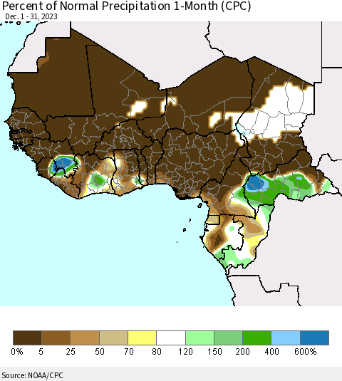 Western Africa Percent of Normal Precipitation 1-Month (CPC) Thematic Map For 12/1/2023 - 12/31/2023