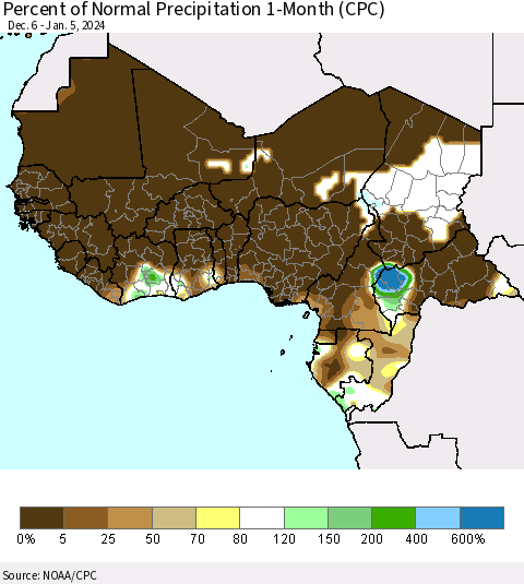 Western Africa Percent of Normal Precipitation 1-Month (CPC) Thematic Map For 12/6/2023 - 1/5/2024
