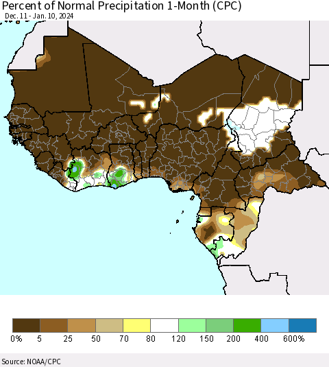 Western Africa Percent of Normal Precipitation 1-Month (CPC) Thematic Map For 12/11/2023 - 1/10/2024