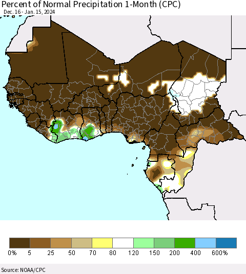 Western Africa Percent of Normal Precipitation 1-Month (CPC) Thematic Map For 12/16/2023 - 1/15/2024