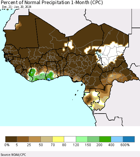 Western Africa Percent of Normal Precipitation 1-Month (CPC) Thematic Map For 12/21/2023 - 1/20/2024