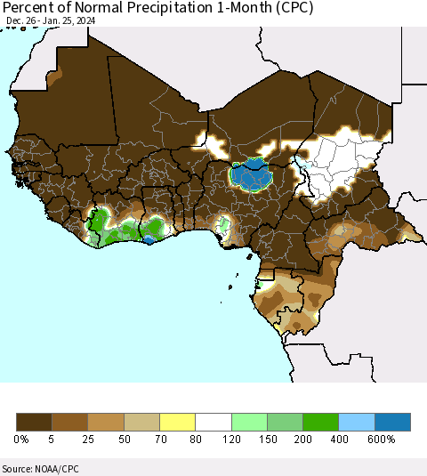 Western Africa Percent of Normal Precipitation 1-Month (CPC) Thematic Map For 12/26/2023 - 1/25/2024