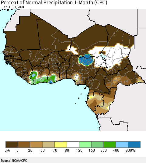 Western Africa Percent of Normal Precipitation 1-Month (CPC) Thematic Map For 1/1/2024 - 1/31/2024
