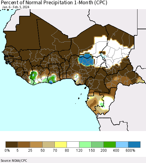 Western Africa Percent of Normal Precipitation 1-Month (CPC) Thematic Map For 1/6/2024 - 2/5/2024