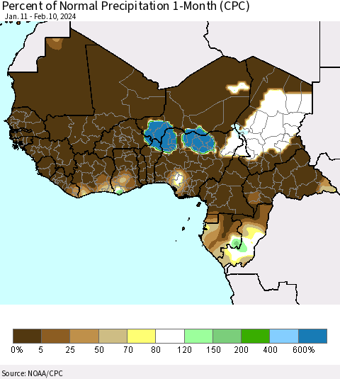 Western Africa Percent of Normal Precipitation 1-Month (CPC) Thematic Map For 1/11/2024 - 2/10/2024