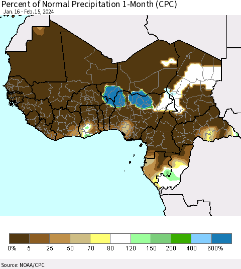 Western Africa Percent of Normal Precipitation 1-Month (CPC) Thematic Map For 1/16/2024 - 2/15/2024