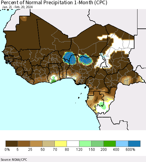 Western Africa Percent of Normal Precipitation 1-Month (CPC) Thematic Map For 1/21/2024 - 2/20/2024