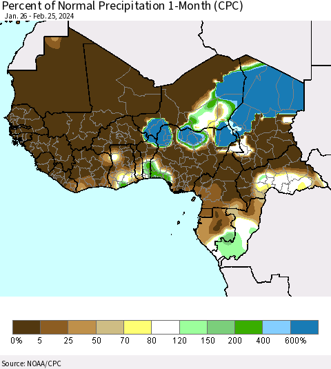 Western Africa Percent of Normal Precipitation 1-Month (CPC) Thematic Map For 1/26/2024 - 2/25/2024