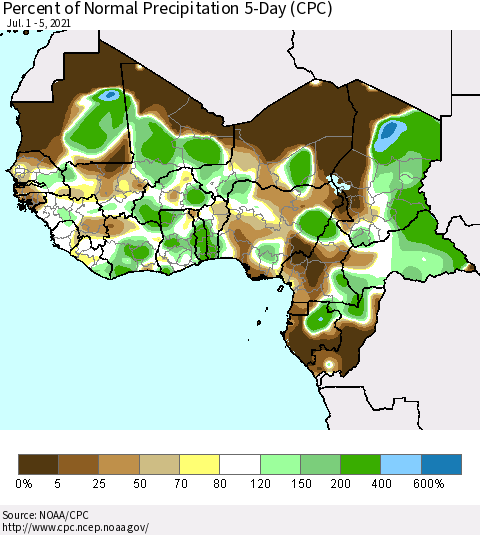 Western Africa Percent of Normal Precipitation 5-Day (CPC) Thematic Map For 7/1/2021 - 7/5/2021