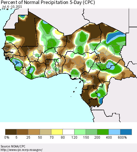 Western Africa Percent of Normal Precipitation 5-Day (CPC) Thematic Map For 7/6/2021 - 7/10/2021