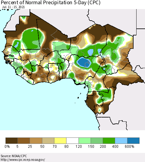 Western Africa Percent of Normal Precipitation 5-Day (CPC) Thematic Map For 7/11/2021 - 7/15/2021