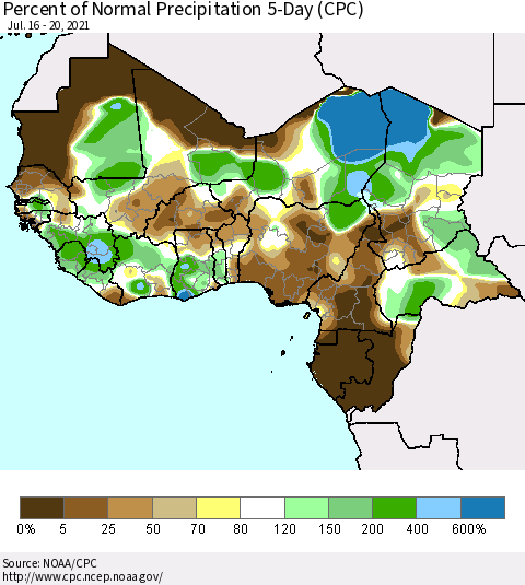 Western Africa Percent of Normal Precipitation 5-Day (CPC) Thematic Map For 7/16/2021 - 7/20/2021