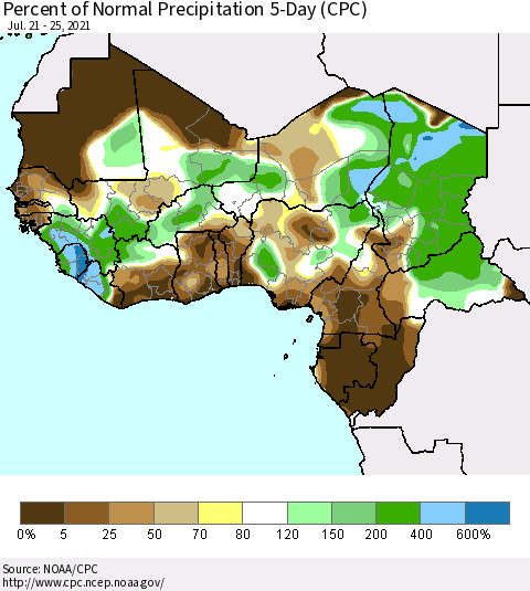 Western Africa Percent of Normal Precipitation 5-Day (CPC) Thematic Map For 7/21/2021 - 7/25/2021