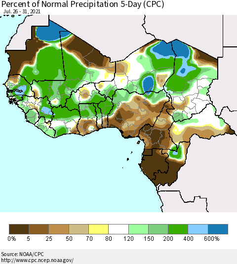 Western Africa Percent of Normal Precipitation 5-Day (CPC) Thematic Map For 7/26/2021 - 7/31/2021
