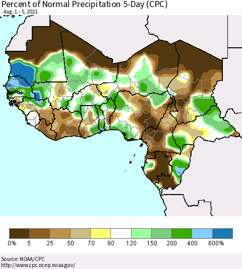 Western Africa Percent of Normal Precipitation 5-Day (CPC) Thematic Map For 8/1/2021 - 8/5/2021