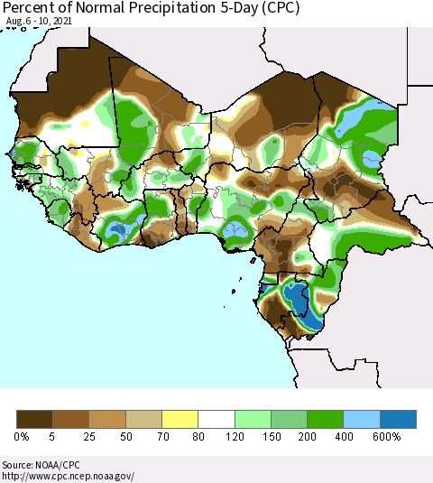 Western Africa Percent of Normal Precipitation 5-Day (CPC) Thematic Map For 8/6/2021 - 8/10/2021