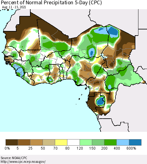 Western Africa Percent of Normal Precipitation 5-Day (CPC) Thematic Map For 8/11/2021 - 8/15/2021
