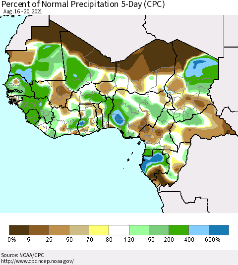 Western Africa Percent of Normal Precipitation 5-Day (CPC) Thematic Map For 8/16/2021 - 8/20/2021