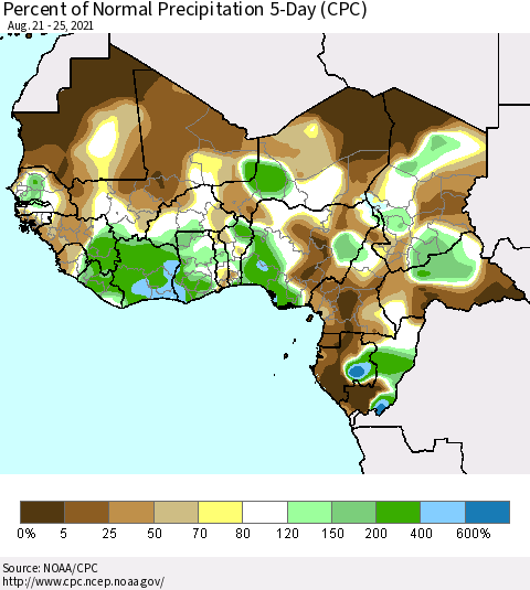 Western Africa Percent of Normal Precipitation 5-Day (CPC) Thematic Map For 8/21/2021 - 8/25/2021