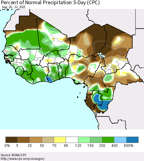 Western Africa Percent of Normal Precipitation 5-Day (CPC) Thematic Map For 8/26/2021 - 8/31/2021