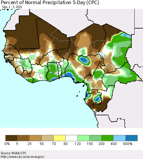 Western Africa Percent of Normal Precipitation 5-Day (CPC) Thematic Map For 9/1/2021 - 9/5/2021