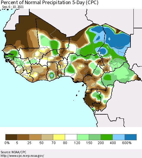 Western Africa Percent of Normal Precipitation 5-Day (CPC) Thematic Map For 9/6/2021 - 9/10/2021