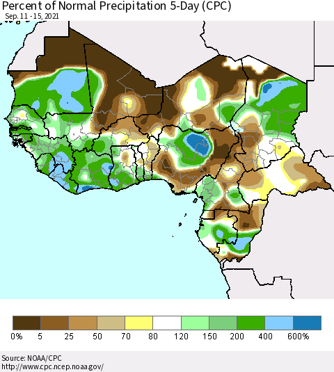 Western Africa Percent of Normal Precipitation 5-Day (CPC) Thematic Map For 9/11/2021 - 9/15/2021