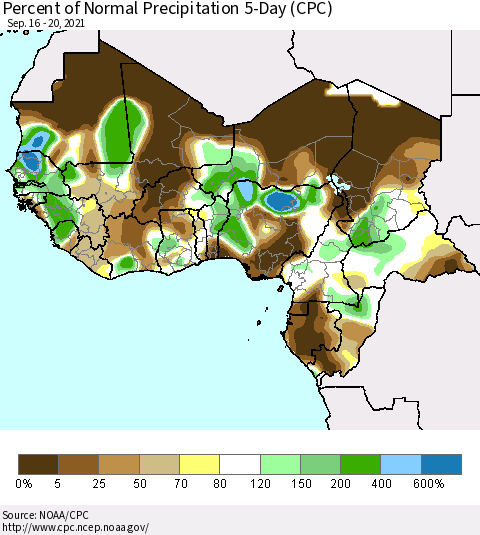Western Africa Percent of Normal Precipitation 5-Day (CPC) Thematic Map For 9/16/2021 - 9/20/2021