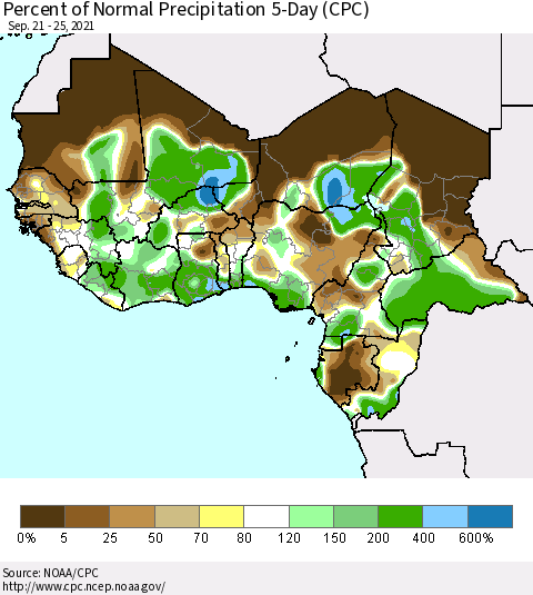 Western Africa Percent of Normal Precipitation 5-Day (CPC) Thematic Map For 9/21/2021 - 9/25/2021