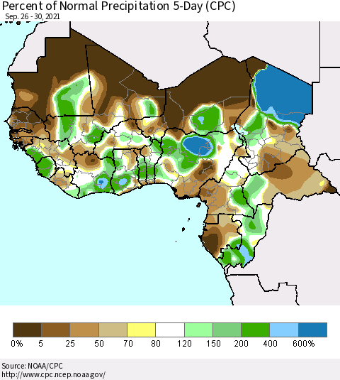 Western Africa Percent of Normal Precipitation 5-Day (CPC) Thematic Map For 9/26/2021 - 9/30/2021