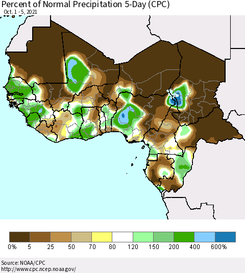 Western Africa Percent of Normal Precipitation 5-Day (CPC) Thematic Map For 10/1/2021 - 10/5/2021