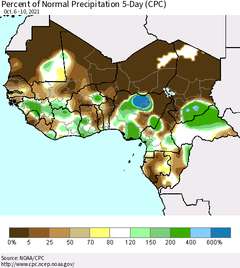 Western Africa Percent of Normal Precipitation 5-Day (CPC) Thematic Map For 10/6/2021 - 10/10/2021