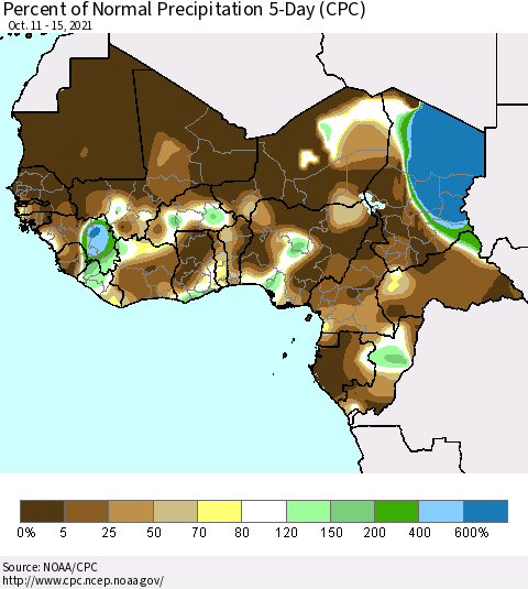 Western Africa Percent of Normal Precipitation 5-Day (CPC) Thematic Map For 10/11/2021 - 10/15/2021