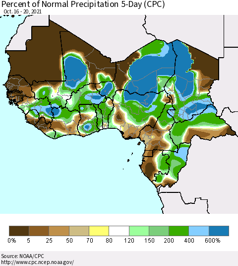 Western Africa Percent of Normal Precipitation 5-Day (CPC) Thematic Map For 10/16/2021 - 10/20/2021