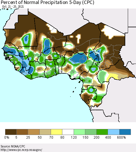 Western Africa Percent of Normal Precipitation 5-Day (CPC) Thematic Map For 10/21/2021 - 10/25/2021