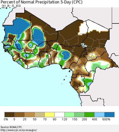 Western Africa Percent of Normal Precipitation 5-Day (CPC) Thematic Map For 10/26/2021 - 10/31/2021