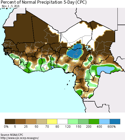 Western Africa Percent of Normal Precipitation 5-Day (CPC) Thematic Map For 11/1/2021 - 11/5/2021