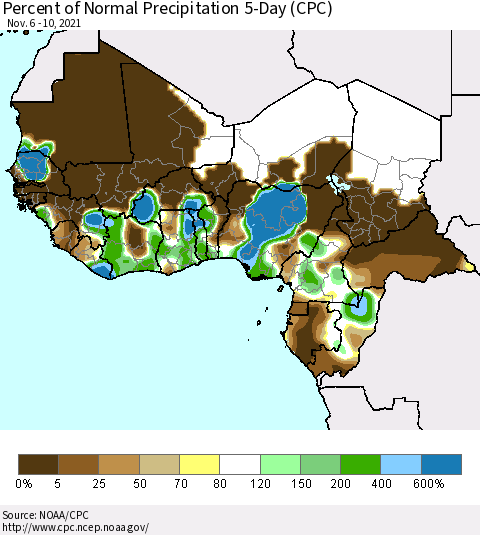 Western Africa Percent of Normal Precipitation 5-Day (CPC) Thematic Map For 11/6/2021 - 11/10/2021