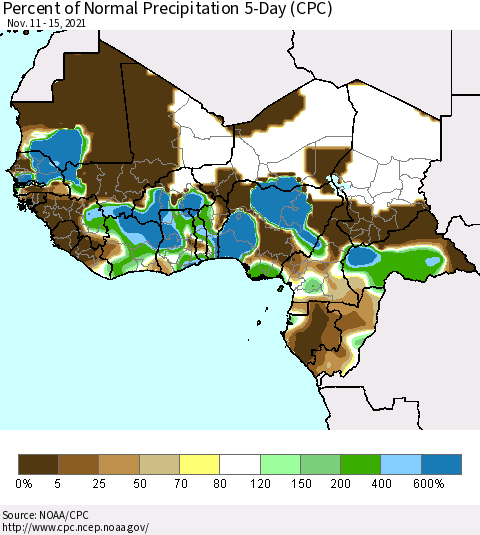Western Africa Percent of Normal Precipitation 5-Day (CPC) Thematic Map For 11/11/2021 - 11/15/2021