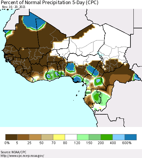 Western Africa Percent of Normal Precipitation 5-Day (CPC) Thematic Map For 11/16/2021 - 11/20/2021