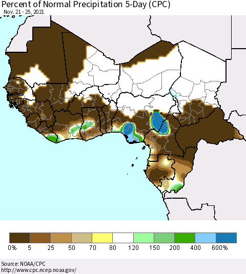 Western Africa Percent of Normal Precipitation 5-Day (CPC) Thematic Map For 11/21/2021 - 11/25/2021