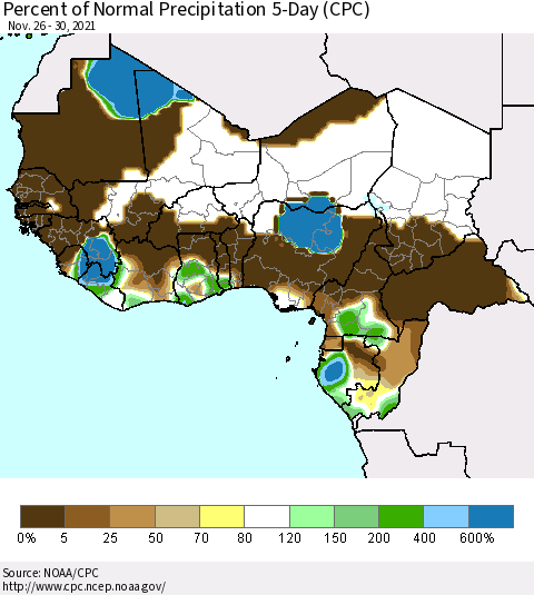 Western Africa Percent of Normal Precipitation 5-Day (CPC) Thematic Map For 11/26/2021 - 11/30/2021