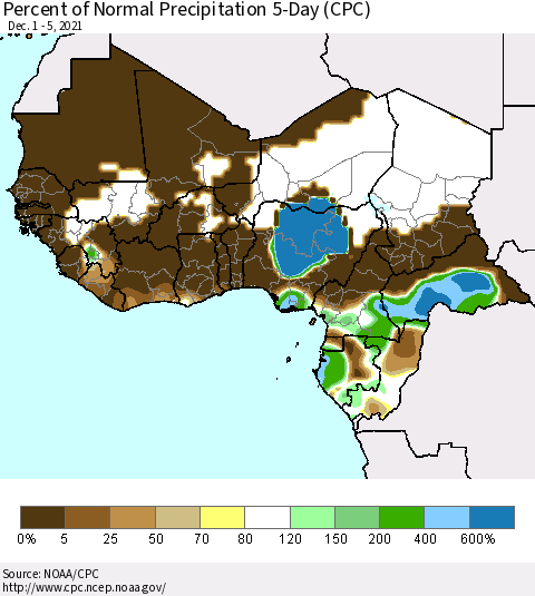 Western Africa Percent of Normal Precipitation 5-Day (CPC) Thematic Map For 12/1/2021 - 12/5/2021