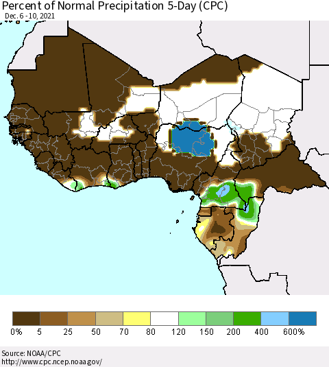 Western Africa Percent of Normal Precipitation 5-Day (CPC) Thematic Map For 12/6/2021 - 12/10/2021