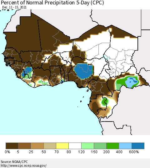 Western Africa Percent of Normal Precipitation 5-Day (CPC) Thematic Map For 12/11/2021 - 12/15/2021
