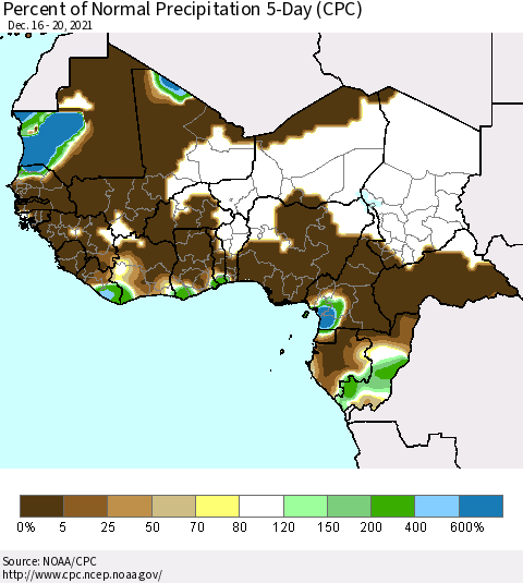 Western Africa Percent of Normal Precipitation 5-Day (CPC) Thematic Map For 12/16/2021 - 12/20/2021